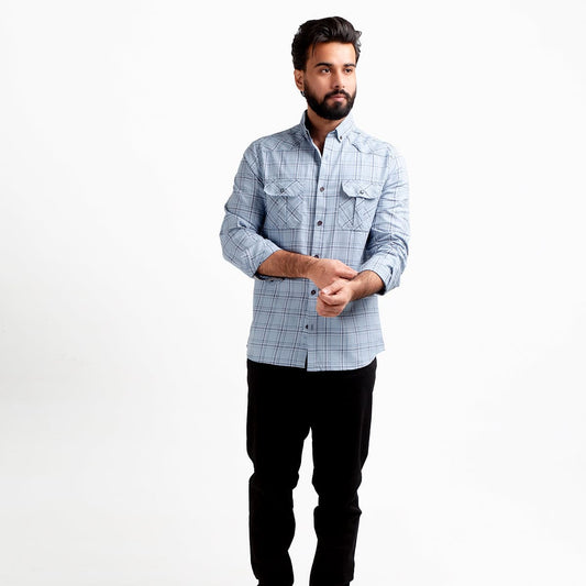 HR Clothing Men's Casual Checkered Shirt - Light Blue