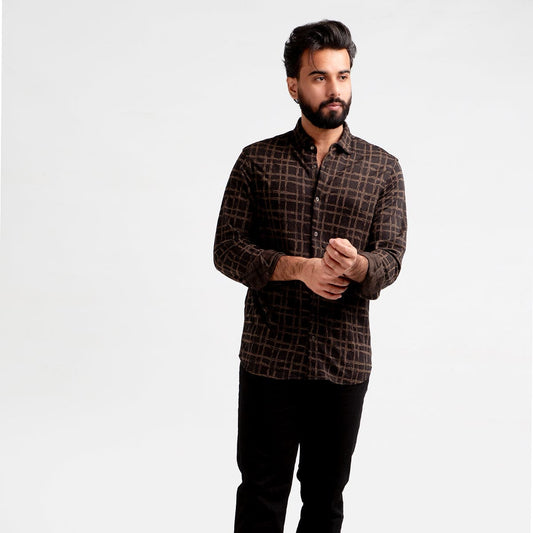 HR Clothing Men's Casual Checkered Shirt - Brown Printed