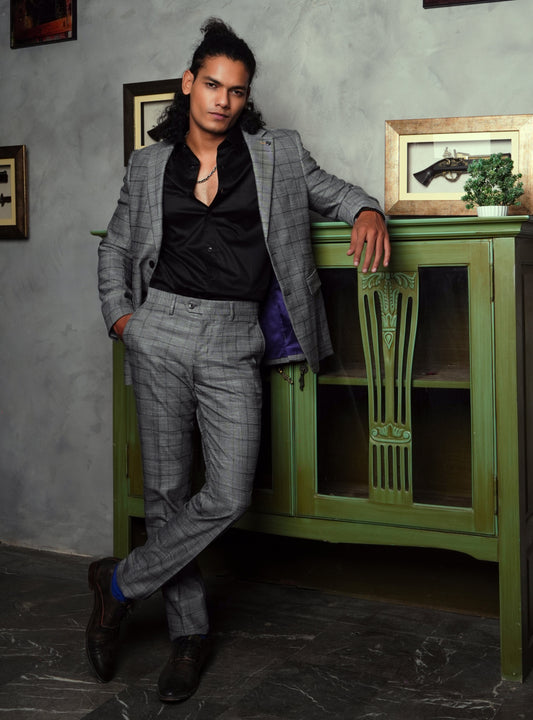 Formal Checkered Suit Gst-0055 S Grey Chk