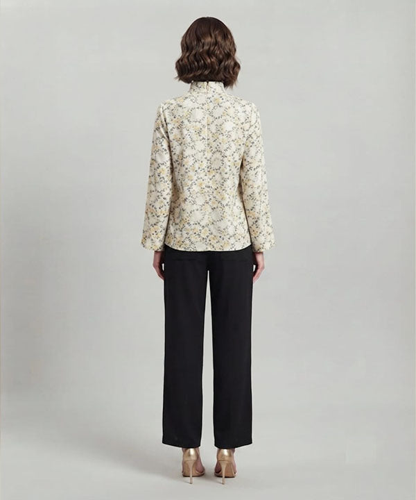 Women's Western Mock Neck Long Sleeve Floral Shirt White LT-0282