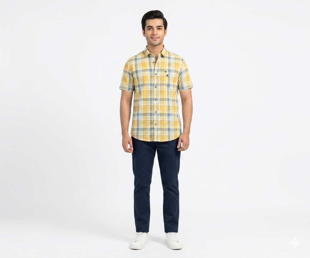 Men's Casual Yellow Chk Half Sleves Shc-1838 ORG