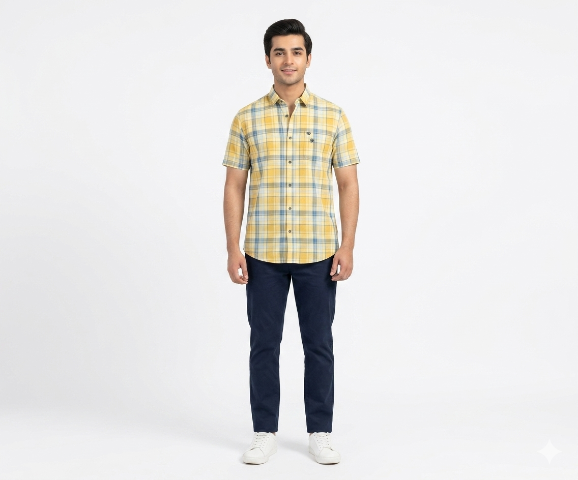Men's Casual Yellow Chk Half Sleves Shc-1838 ORG