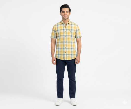 Men's Casual Yellow Chk Half Sleves Shc-1838 ORG