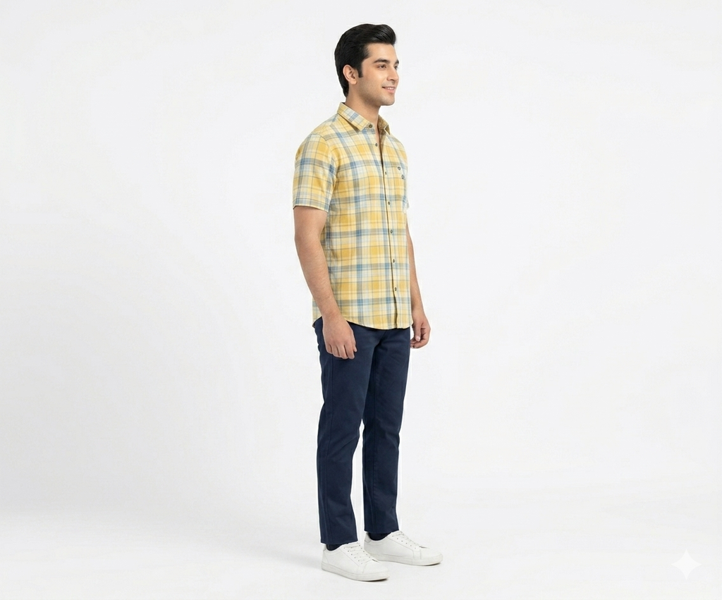 Men's Casual Yellow Chk Half Sleves Shc-1838 ORG