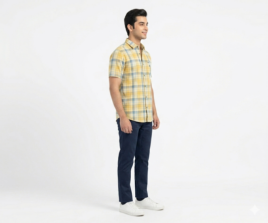 Men's Casual Yellow Chk Half Sleves Shc-1838 ORG