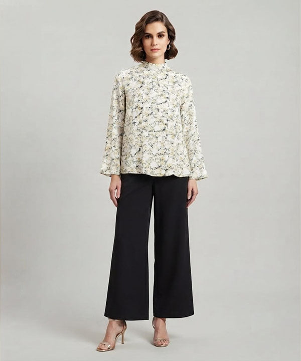 Women's Western Mock Neck Long Sleeve Floral Shirt White LT-0282