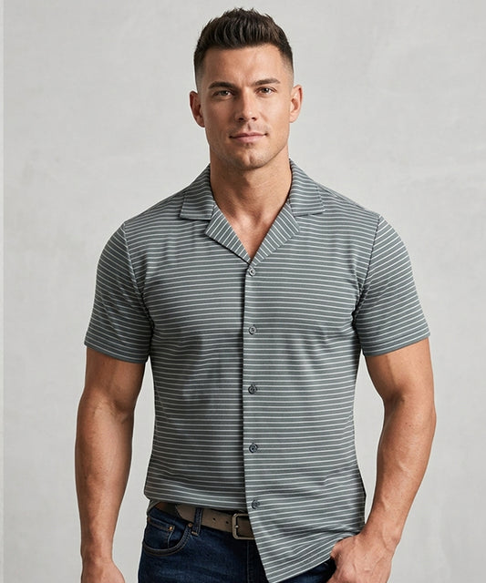 Men’s Pinstripe Drawstring Half Sleeves Shirt– Relaxed Fit - SHC-3067 Green Stripe