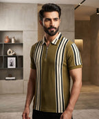 MEN'S T-SHIRT COLLAR GREEN STRIPE Old Money TSH-7161