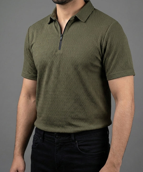 Men's T-Shirt Collar Green Zip Style Tsh-7021