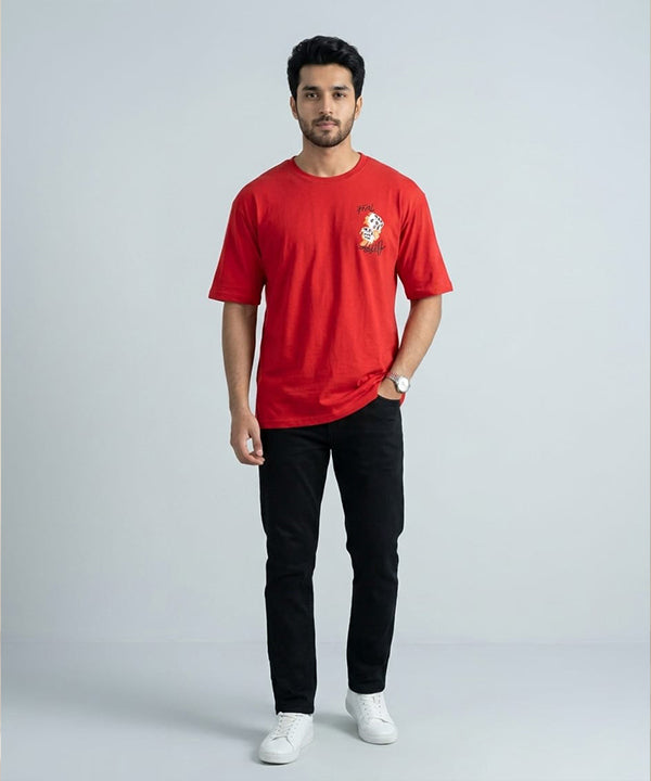 HR Clothing Men's Red Printed Drop Shoulder T-Shirt - TSH-5762