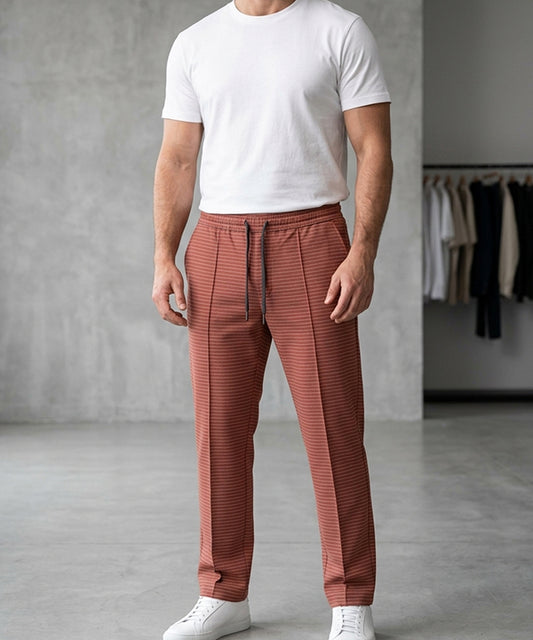Men’s Pinstripe Drawstring Trousers – Relaxed Fit - LWR-0688 Maroon Stripe