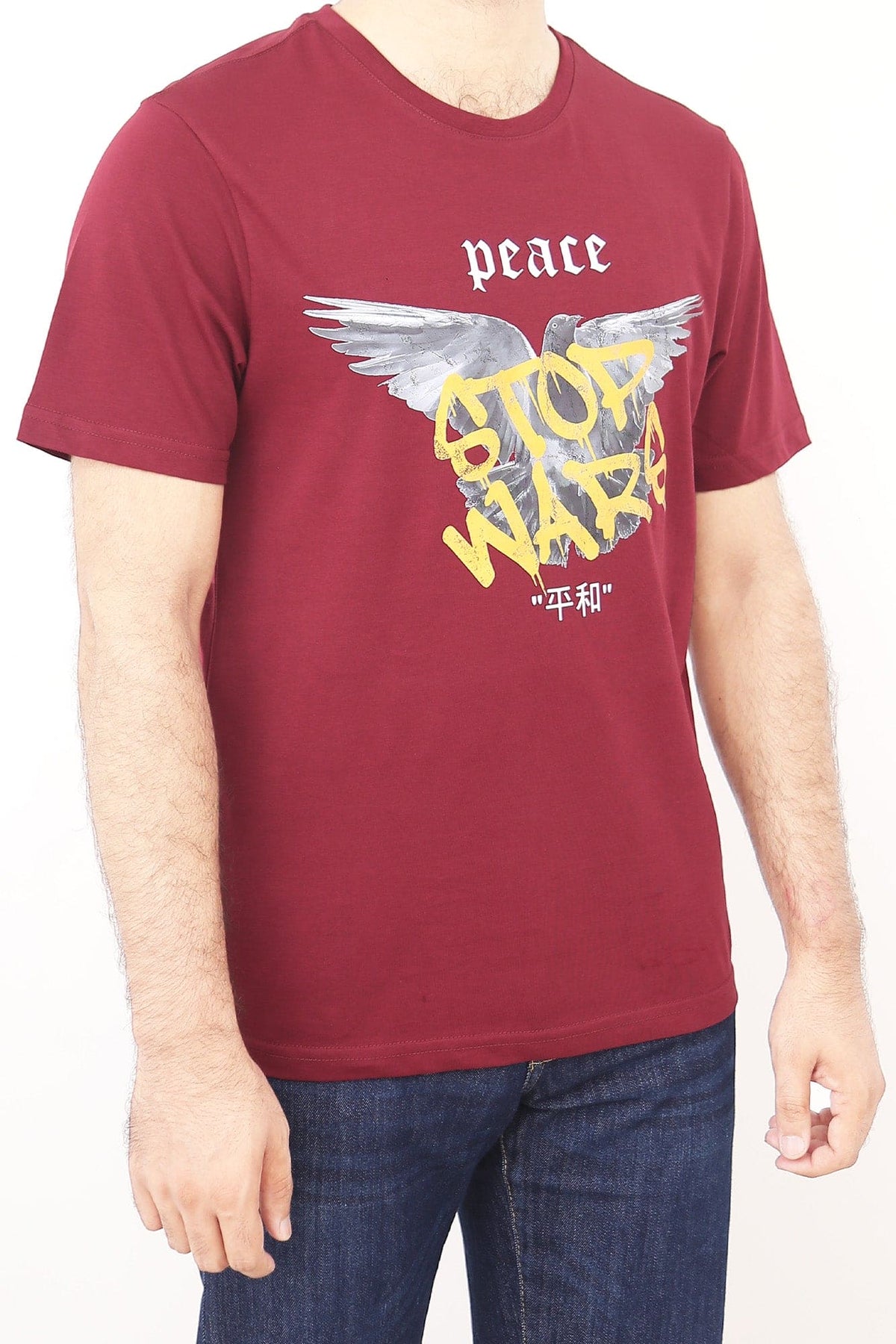 Crew Neck Peace Printed Tee Tsh-5247 Maroon