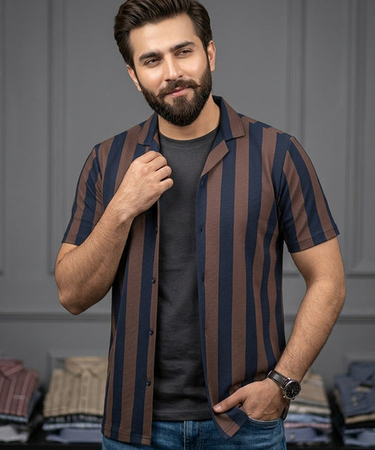 Men's Casual Shirt Half Sleeves - SHC-3069 Navy blue Stripe ( ORG )