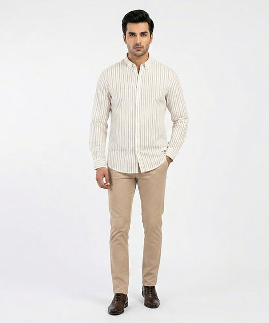 Men's Over Size Casual Shirt - Beige Stripe Shc-1937 ORG