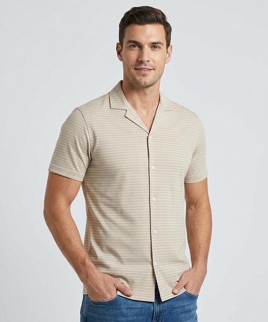 Men’s Pinstripe Drawstring Half Sleeves Shirt– Relaxed Fit - SHC-3067 Beige stripe