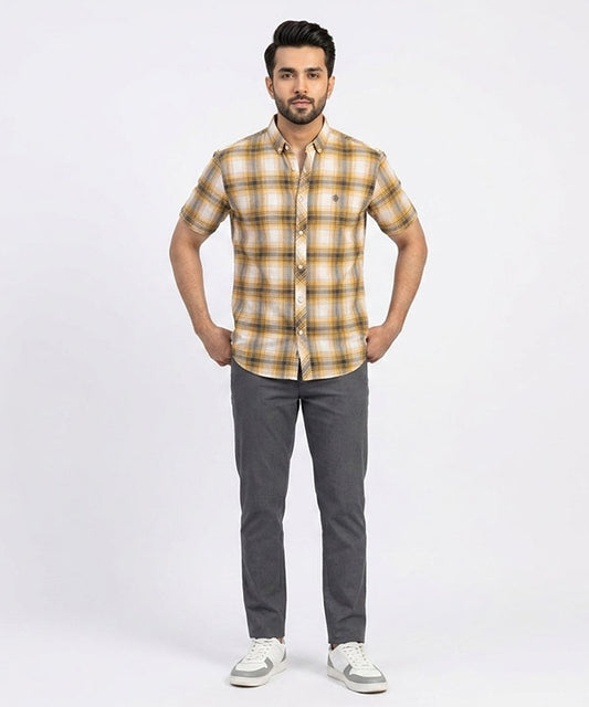 Men's  Over Size Casual Yellow Chk Half Sleves Shc-2080