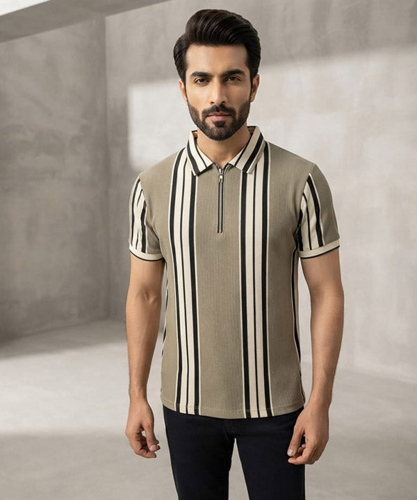 MEN'S T-SHIRT COLLAR BEIGE STRIPE Old Money TSH-7161