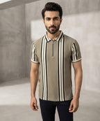 MEN'S T-SHIRT COLLAR BEIGE STRIPE Old Money TSH-7161