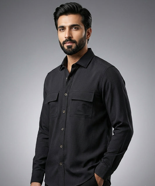 Men's Casual Shirt - Texture Black Shc-1970 Strech Fabric(ORG)