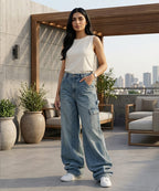HR Clothing Women's Full Baggy Denim Jeans - JP-2080 – Wash-Blue