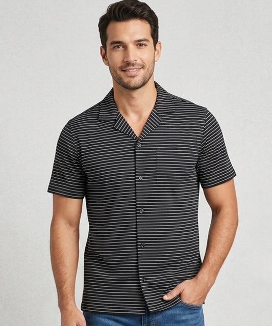 Men’s Pinstripe Drawstring Half Sleeves Shirt– Relaxed Fit - SHC-3067 Black stripe