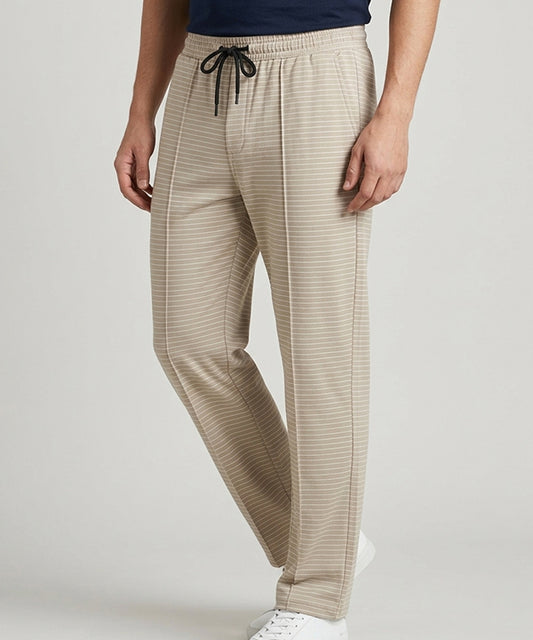 Men’s Pinstripe Drawstring Trousers – Relaxed Fit - LWR-0688 Beige Stripe
