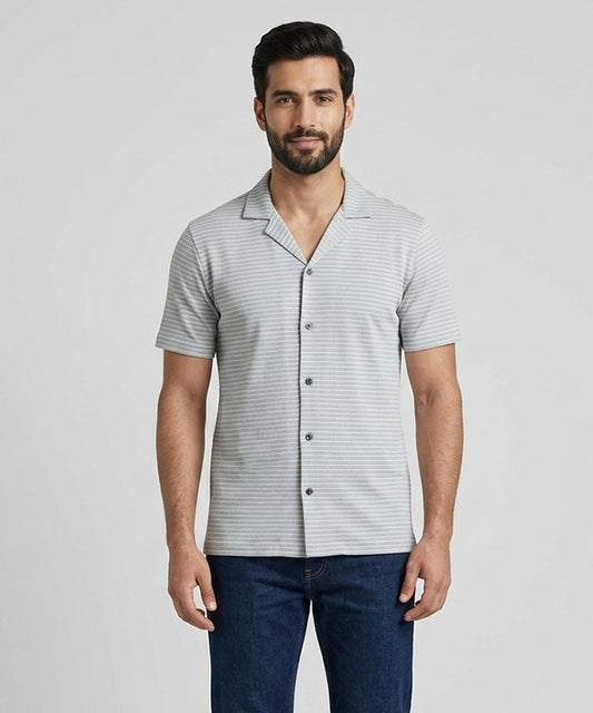 Men’s Pinstripe Drawstring Half Sleeves Shirt– Relaxed Fit - SHC-3067 Grey Stripe