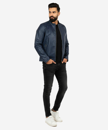 Men's Leather Jacket - Blue Jk-0314