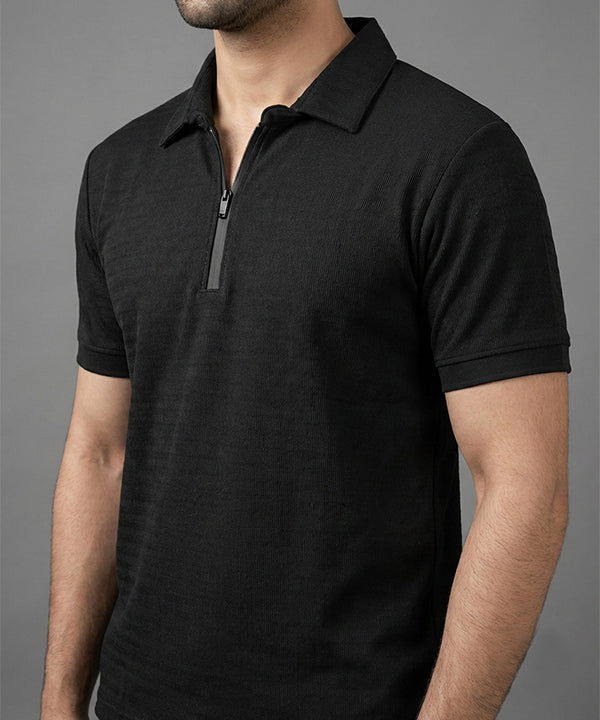 Men's T-Shirt Collar Black Zip Style Tsh-7026
