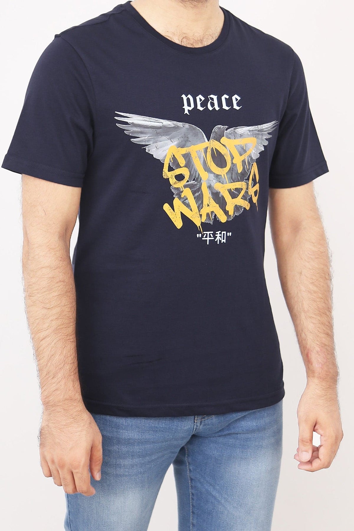 Crew Neck Peace Printed Tee Tsh-5247 Navy