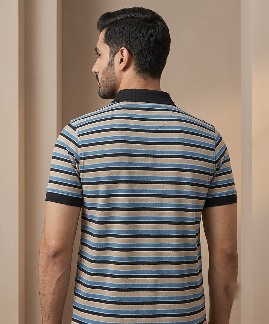 MEN'S T-SHIRT COLLAR BEIGE STRIPE BASIC TSH-5916