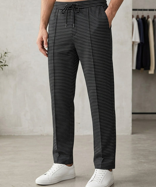 Men’s Pinstripe Drawstring Trousers – Relaxed Fit - LWR-0688 Black Stripe