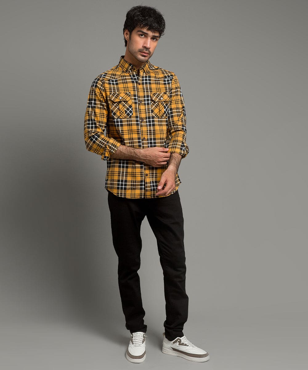 Men's Casual Checkered Shirt - Yellow Shc-1980 (ORG)