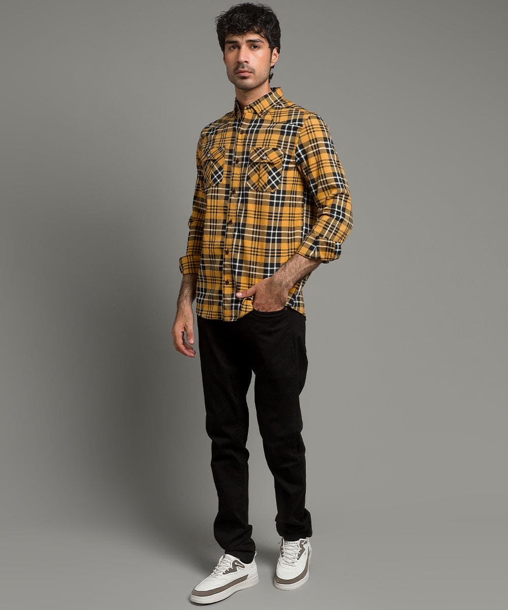 Men's Casual Checkered Shirt - Yellow Shc-1980 (ORG)