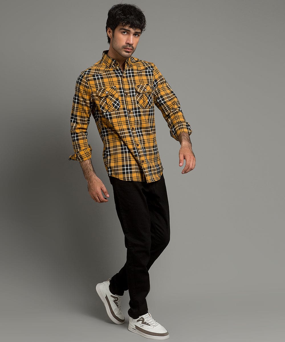 Men's Casual Checkered Shirt - Yellow Shc-1980 (ORG)