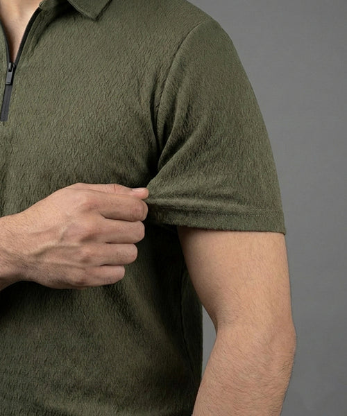 Men's T-Shirt Collar Green Zip Style Tsh-7021