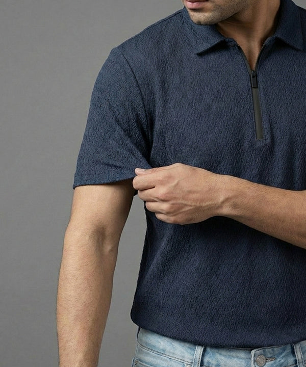 Men's T-Shirt Collar Navy Zip Style Tsh-7021