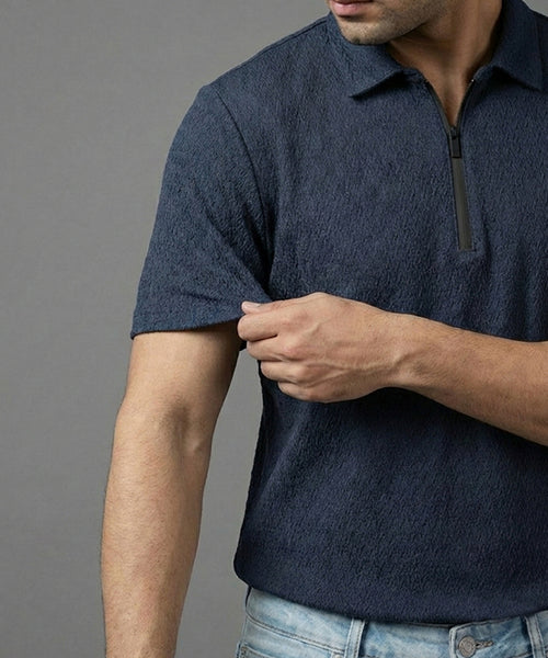 Men's T-Shirt Collar Navy Zip Style Tsh-7021