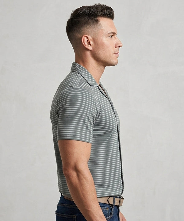 Men’s Pinstripe Drawstring Half Sleeves Shirt– Relaxed Fit - SHC-3067 Green Stripe