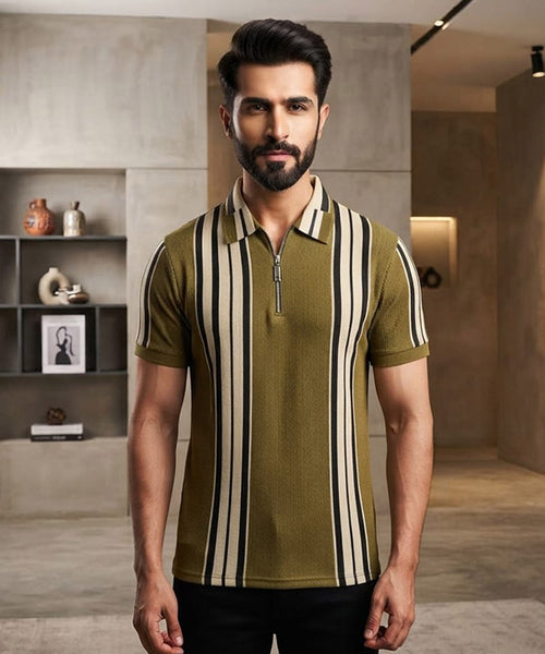 MEN'S T-SHIRT COLLAR GREEN STRIPE Old Money TSH-7161