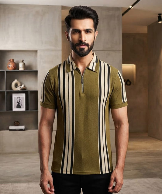 MEN'S T-SHIRT COLLAR GREEN STRIPE Old Money TSH-7161