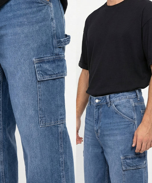 HR Clothing Men's Baggy Carpenter Denim - Blue Jp-1903