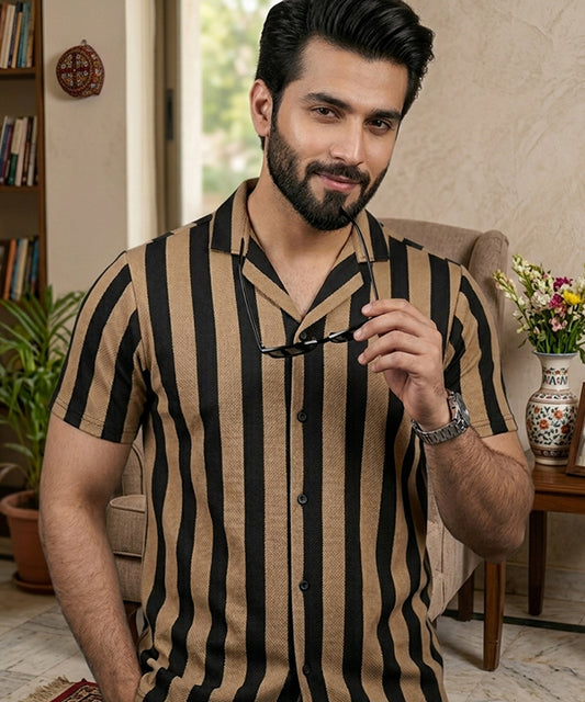 Men's Casual Shirt Half Sleeves - SHC-3069 Brown Stripe ( ORG )