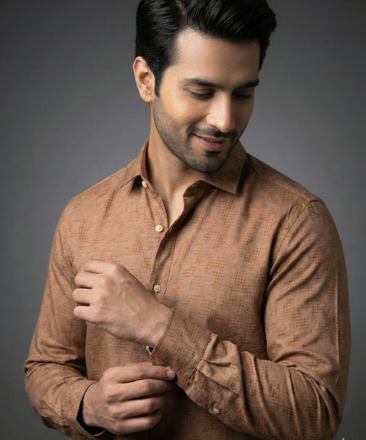 Men's Casual Shirt - Texture Brown Shc-1971 Strech Fabric (ORG)