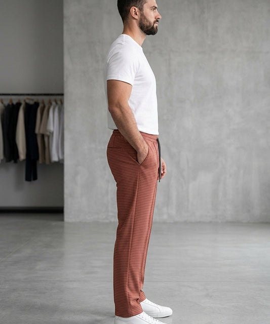 Men’s Pinstripe Drawstring Trousers – Relaxed Fit - LWR-0688 Maroon Stripe