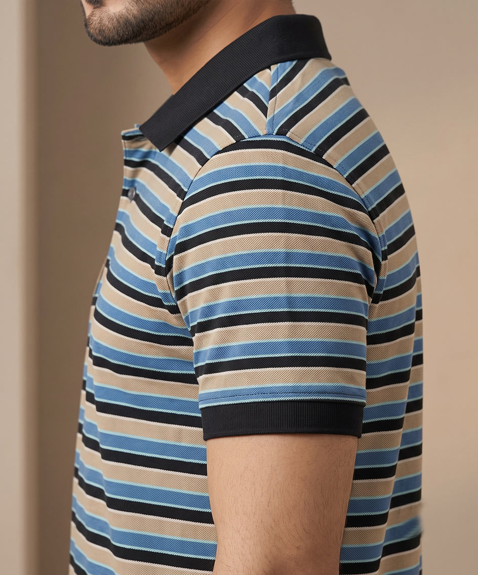 MEN'S T-SHIRT COLLAR BEIGE STRIPE BASIC TSH-5916