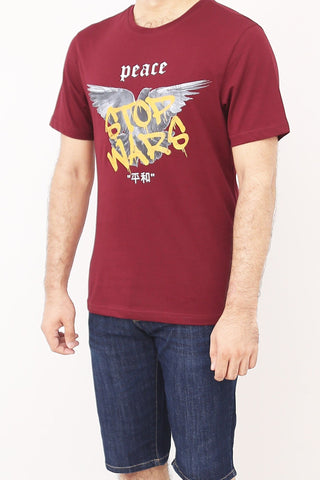 Crew Neck Peace Printed Tee Tsh-5247 Maroon