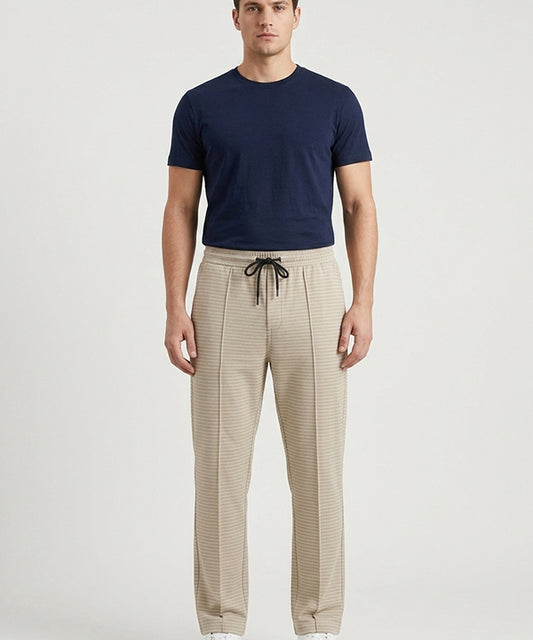 Men’s Pinstripe Drawstring Trousers – Relaxed Fit - LWR-0688 Beige Stripe