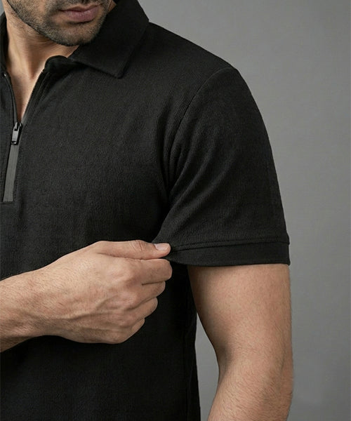 Men's T-Shirt Collar Black Zip Style Tsh-7026