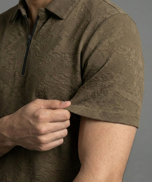 Men's T-Shirt Collar Brown Zip Style Tsh-7024